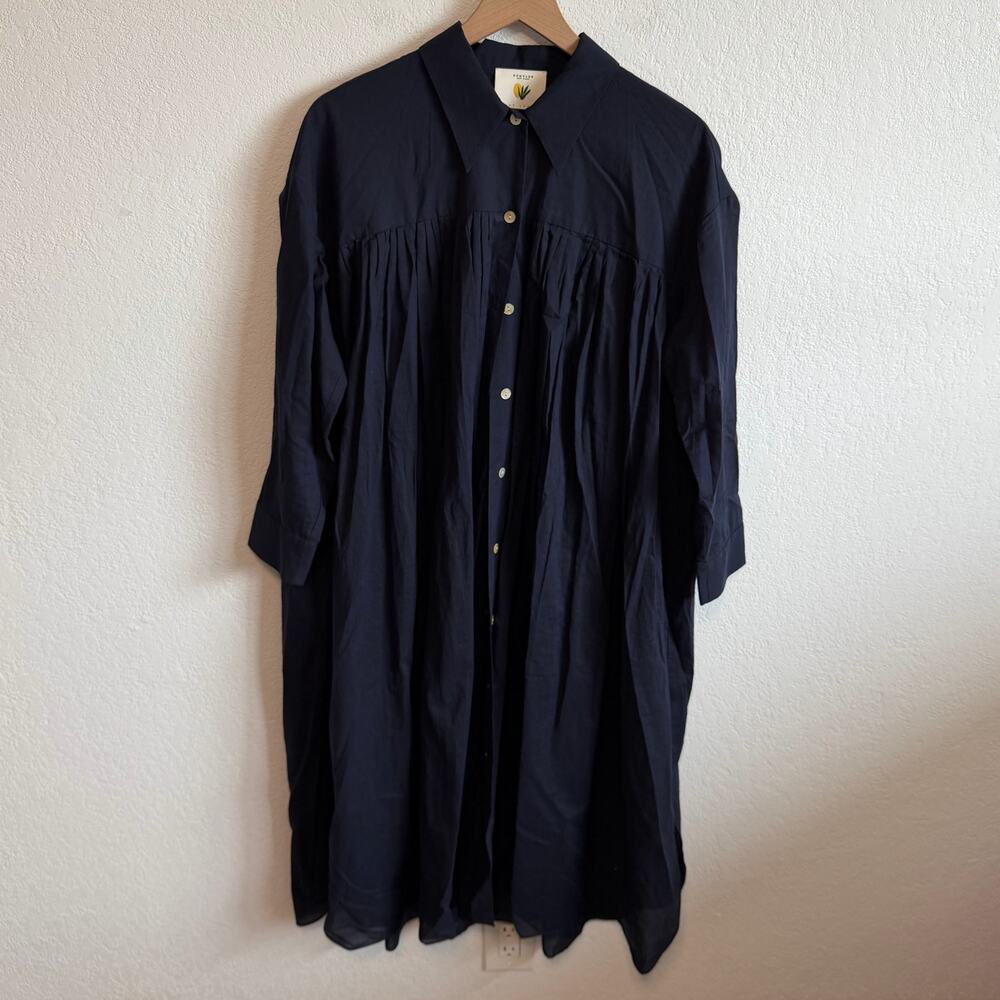 DemyLee x Lucy Laucht Shirred Yoke Button-Down Midi Shirt Dress Navy Blue S